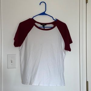 white and burgundy baseball tee